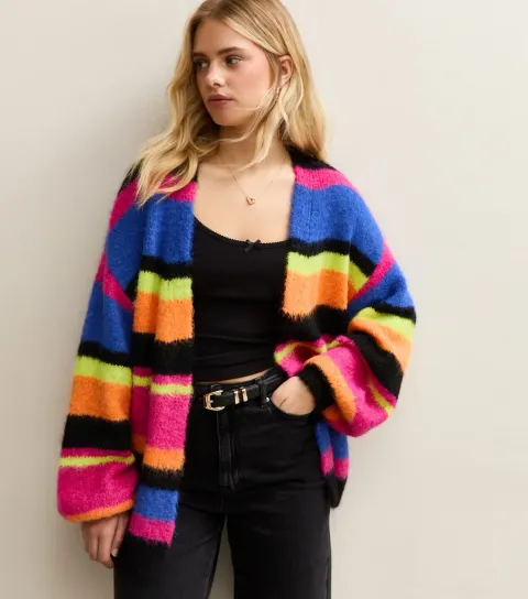 Multicolour Striped Open Front Cardigan