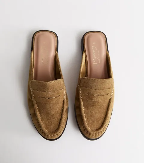 Camel Faux Suede Open Back Mule Loafers Vegan