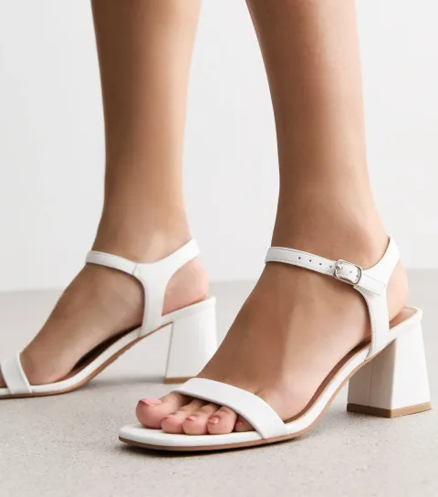 White Faux Leather Block Heel Sandals