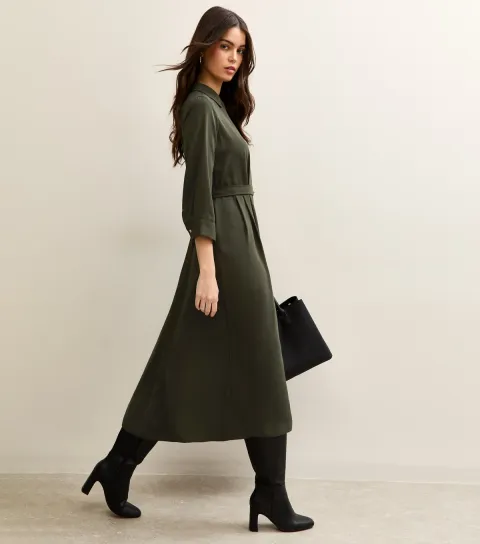 Dark Khaki Long Sleeve Crepe Midi Shirt Dress