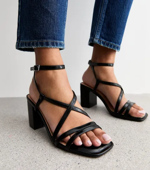 Black Faux Leather Block Heel Multi Strap Sandals Vegan
