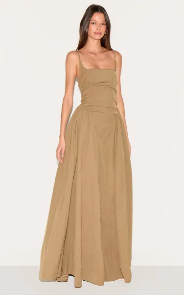 Mushroom Woven Ruched Strappy Maxi Dress