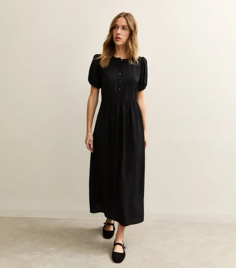 Black Button Front Short Sleeve Midi Dress