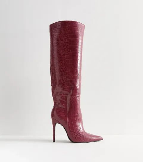 Dark Burgundy Nova Crocodile Embossed Knee High Boots