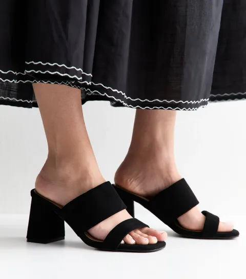Wide Fit Faux Suede Black Block Heel Mules Vegan