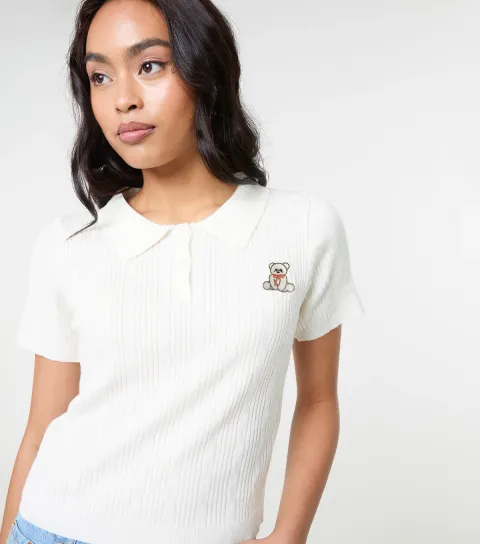 Off White Teddy Cable Knit Top
