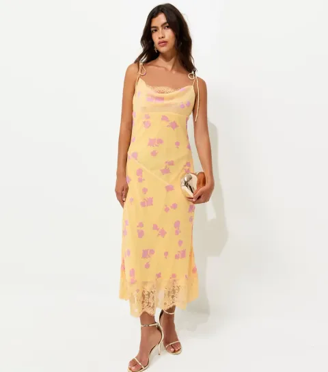 Yellow Chiffon Floral Cowl Neck Strappy Midi Dress