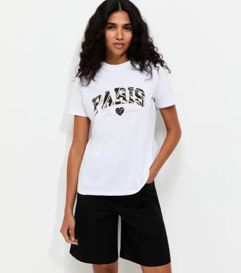 White Cotton Paris Zebra Print Relaxed Fit T-Shirt