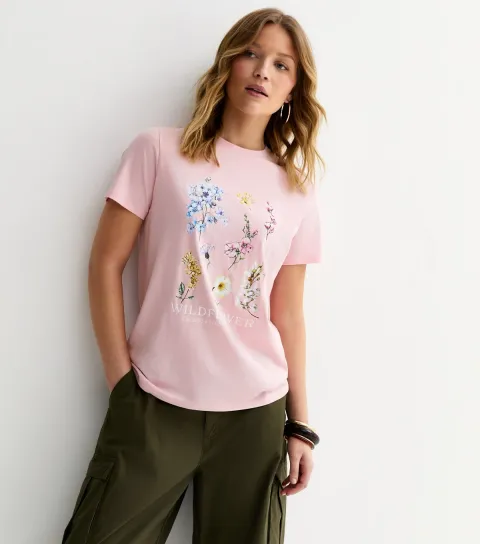 Light Pink Cotton Wildflower Print T-Shirt