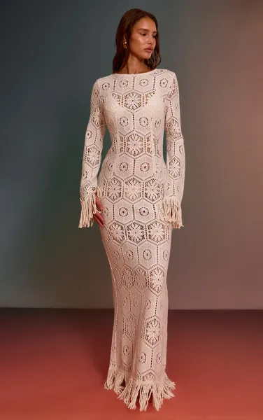 Cream Crochet Tassel Hem Maxi Beach Dress