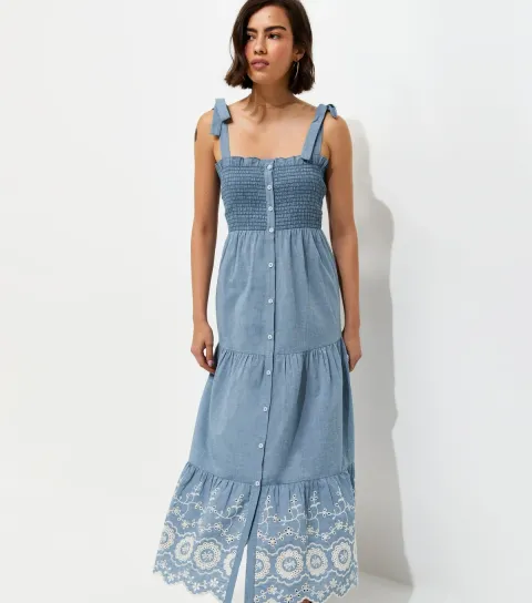 Blue Chambray Button Front Shirred Strappy Midi Dress