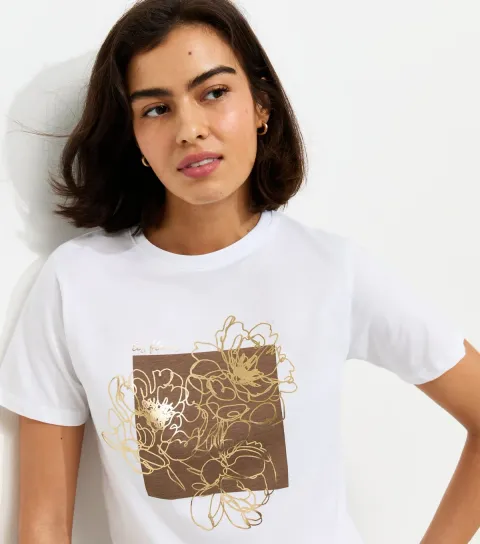 White Metallic Foil Flower Relaxed T-Shirt