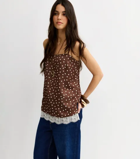 Brown Satin Polka Dot Lace Hem Cami Top
