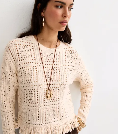 Oatmeal Cotton Rich Square Cut Out Fringed Jumper