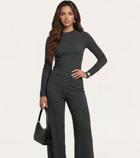 Grey Jersey Striped Wide Leg Trousers