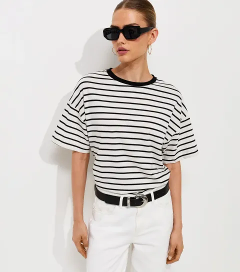 White Cotton Striped Oversized Boxy Fit T-Shirt