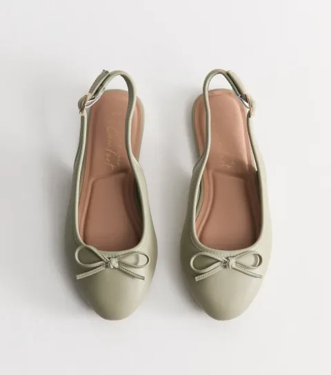 Wide Fit Faux Leather Light Green Slingback Ballet Pumps Vegan