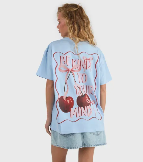 Blue Cotton Cherry Print Oversized T-Shirt