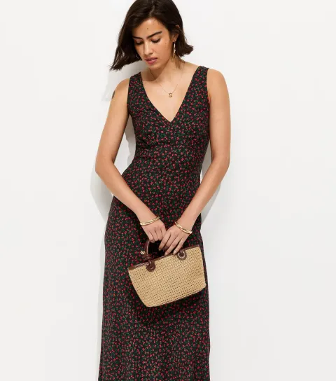 Black Rose Print V-Neck Midi Dress