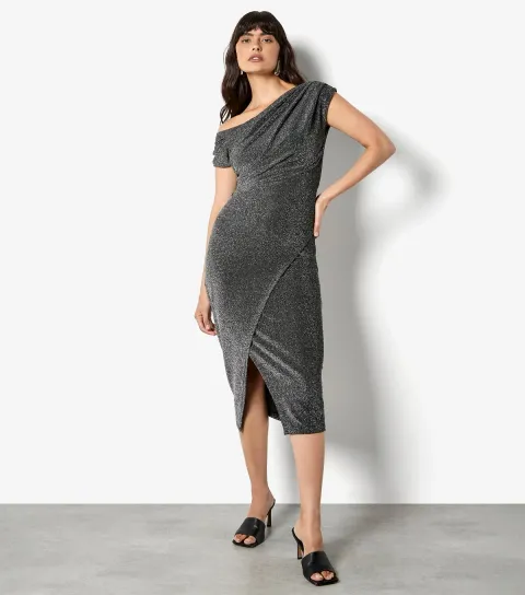 Silver Drape Shoulder Wrap Midi Dress