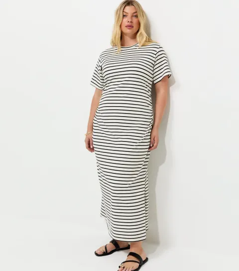 Plus Size Black Ruched Side Striped Jersey Midi Dress Curves
