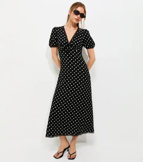 Black Polka Dot Lave Trim Short Sleeve Midi Dress