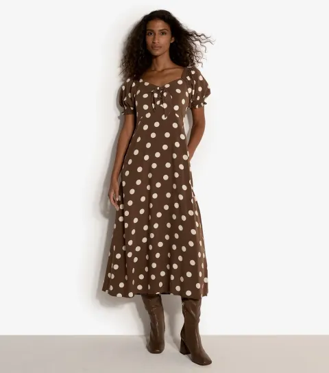 Brown Polka Dot Puff Sleeve Midi Dress