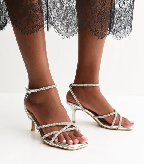 Wide Fit Silver Diamante Embellished Strappy Heeled Sandals Vegan