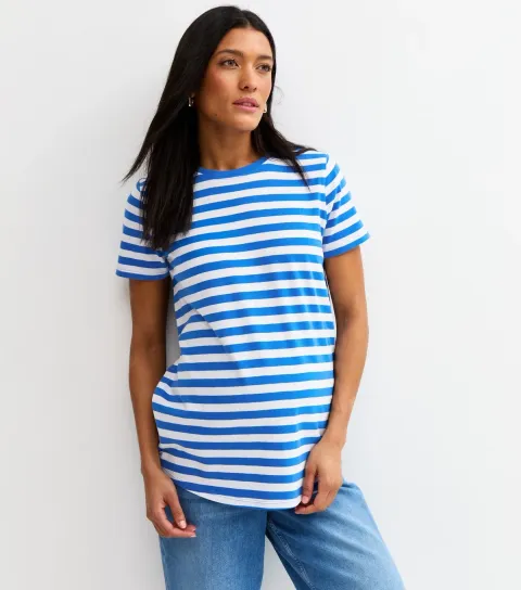 Maternity Blue Cotton Striped Crew Neck T-Shirt
