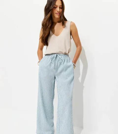 Petite Light Blue Texture Stripe Wide Leg Trousers