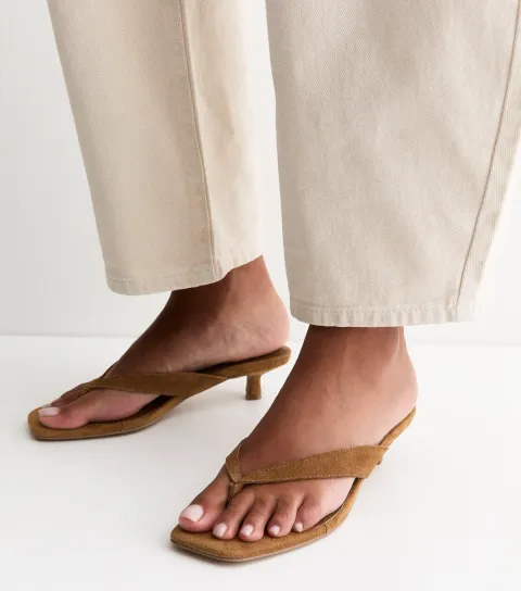 Premium Real Suede Tan Toe Post Kitten Heel Mules