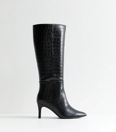 Wide Fit Black Croc Embossed Stiletto Knee High Boots Vegan