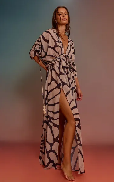 White Giraffe Print Textured Chiffon Twist Boho Beach Dress