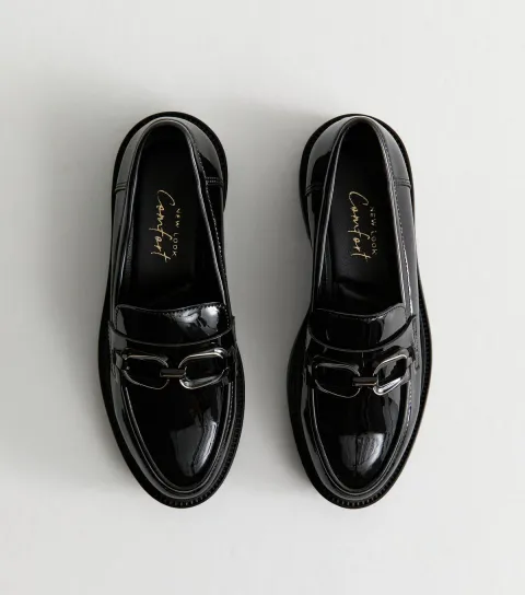 Black Patent Faux Leather Buckle Penny Loafers Vegan