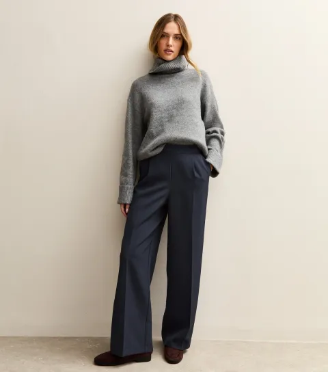 Navy Pull On Wide Leg Trousers