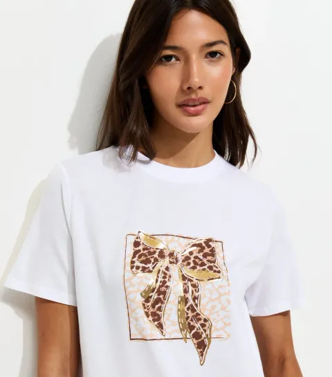 White Cotton Leopard Print Bow Relaxed T-Shirt