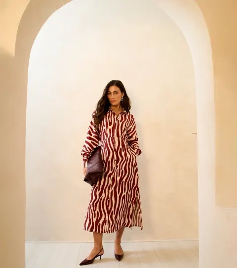 Burgundy Zebra Print Shirt Dress
