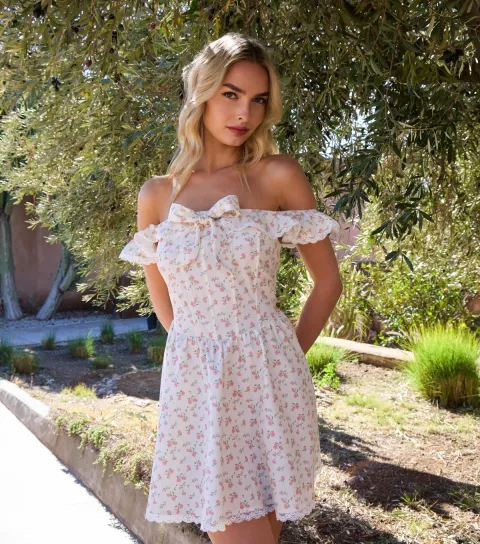 Cream Off The Shoulder Floral Mini Dress