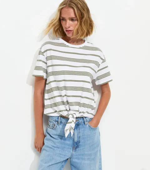 White and Green Striped Tie Front T-Shirt