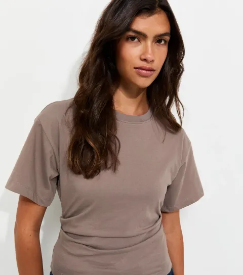 Light Brown Ruched Waist Crew Neck T-Shirt