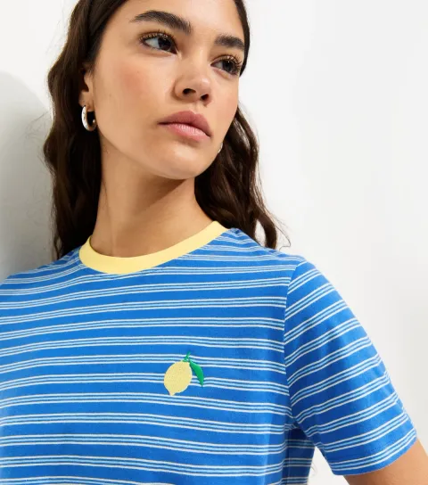 Blue Striped Lemon Embroidered T-Shirt