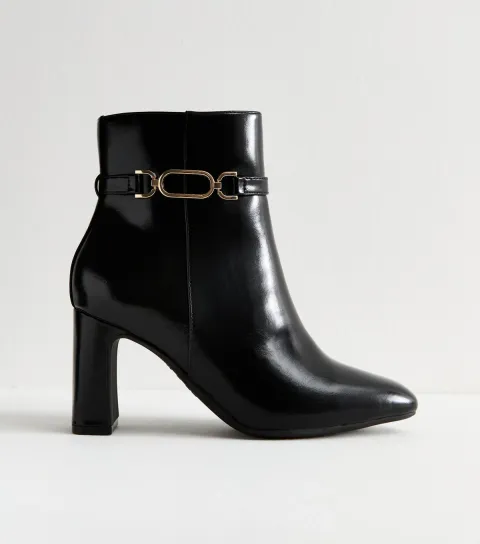Wide Fit Black Faux Leather Chain Trim Ankle Boots