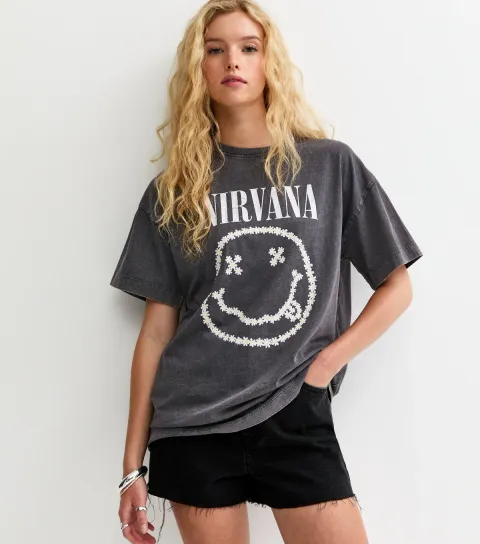 Dark Grey Nirvana Daisy Smiley Oversized T-Shirt