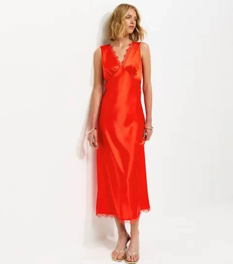 Red Satin Lace Trim Slip Midi Dress