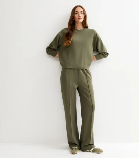 Tall Premium Dark Khaki Jersey Wide Leg Joggers