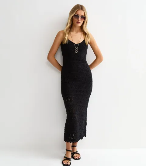 Black Cotton Rich Open Knit V-Neck Midi Dress