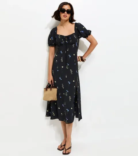 Black Floral Print Milkmaid Midi Dress