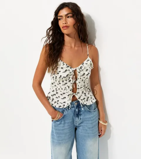 White Cotton Floral Tie Front Cami Top
