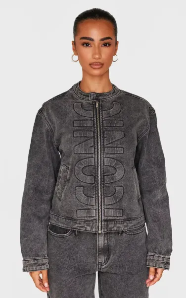 Petite Washed Black Iconic Embossed Denim Jacket