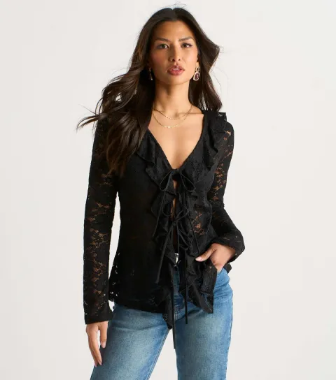 Jersey Lace Tie Front Blouse